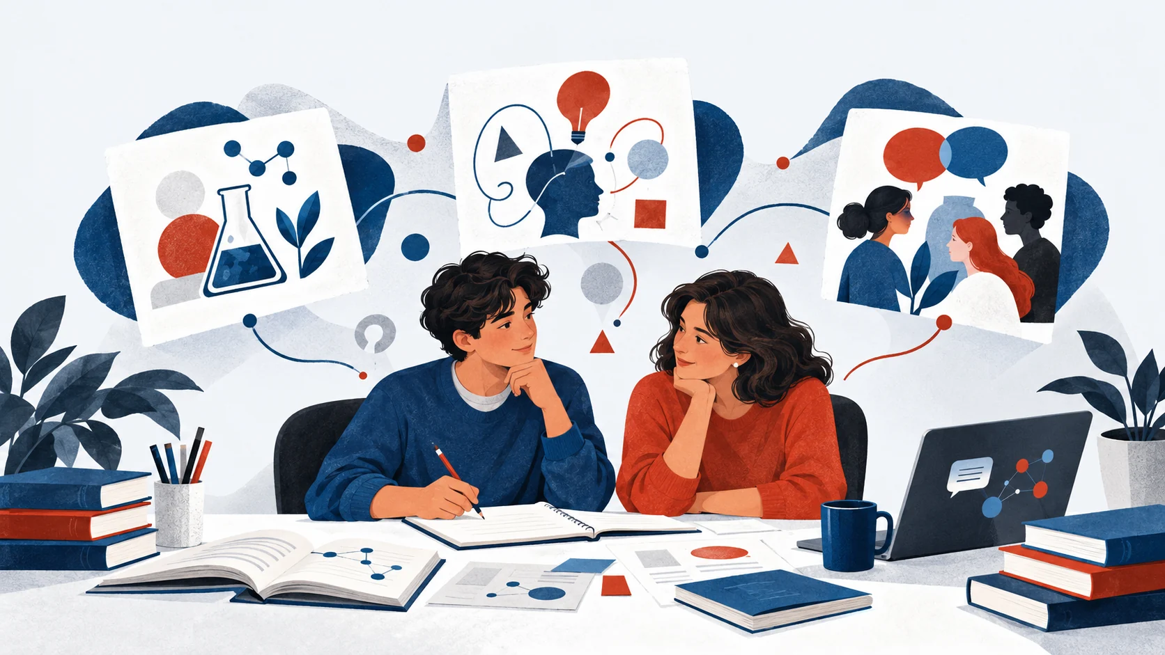 Uno studente e un familiare confrontano interessi e percorsi di studio fra libri, appunti e strumenti digitali