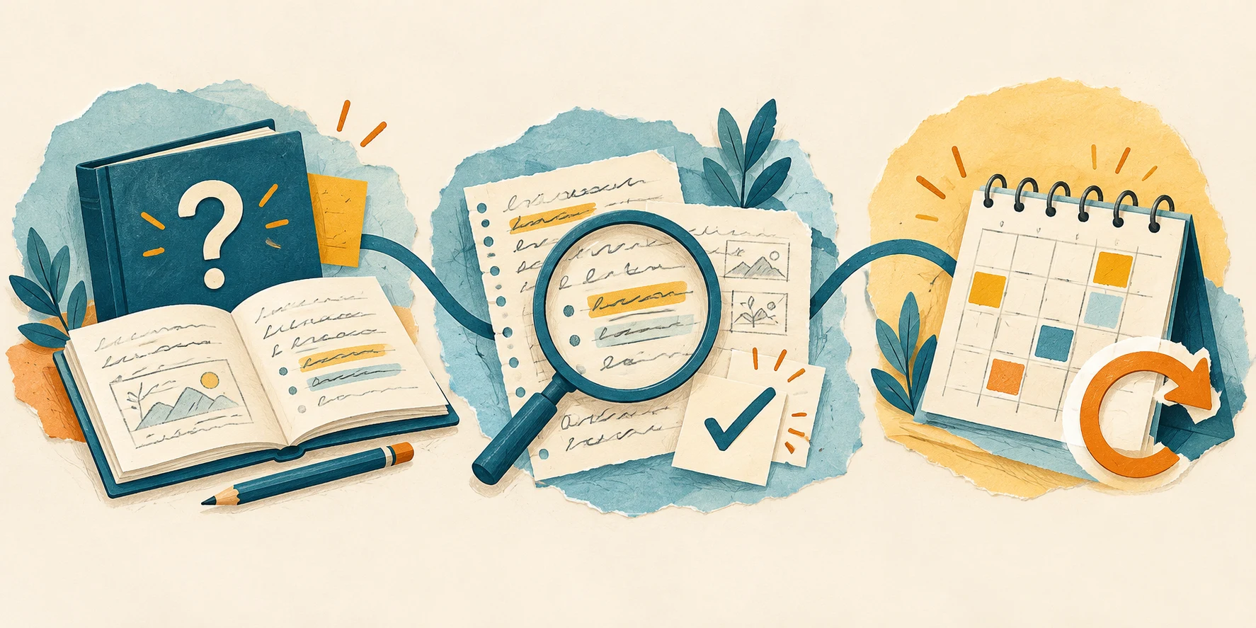 Studiare per ricordare: quaderno, lente e calendario
